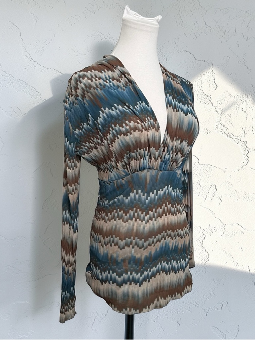 Vintage Abstract Print Draped Blouse Earth Tone Blue Brown V Neck Top M